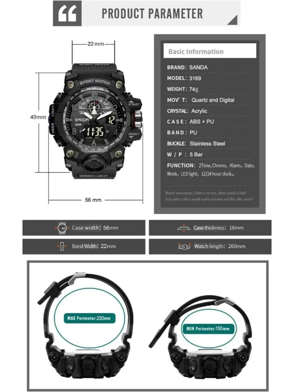 Men's Black Analog Quartz Sports Waterproof Military LED Digital Wrist Watch